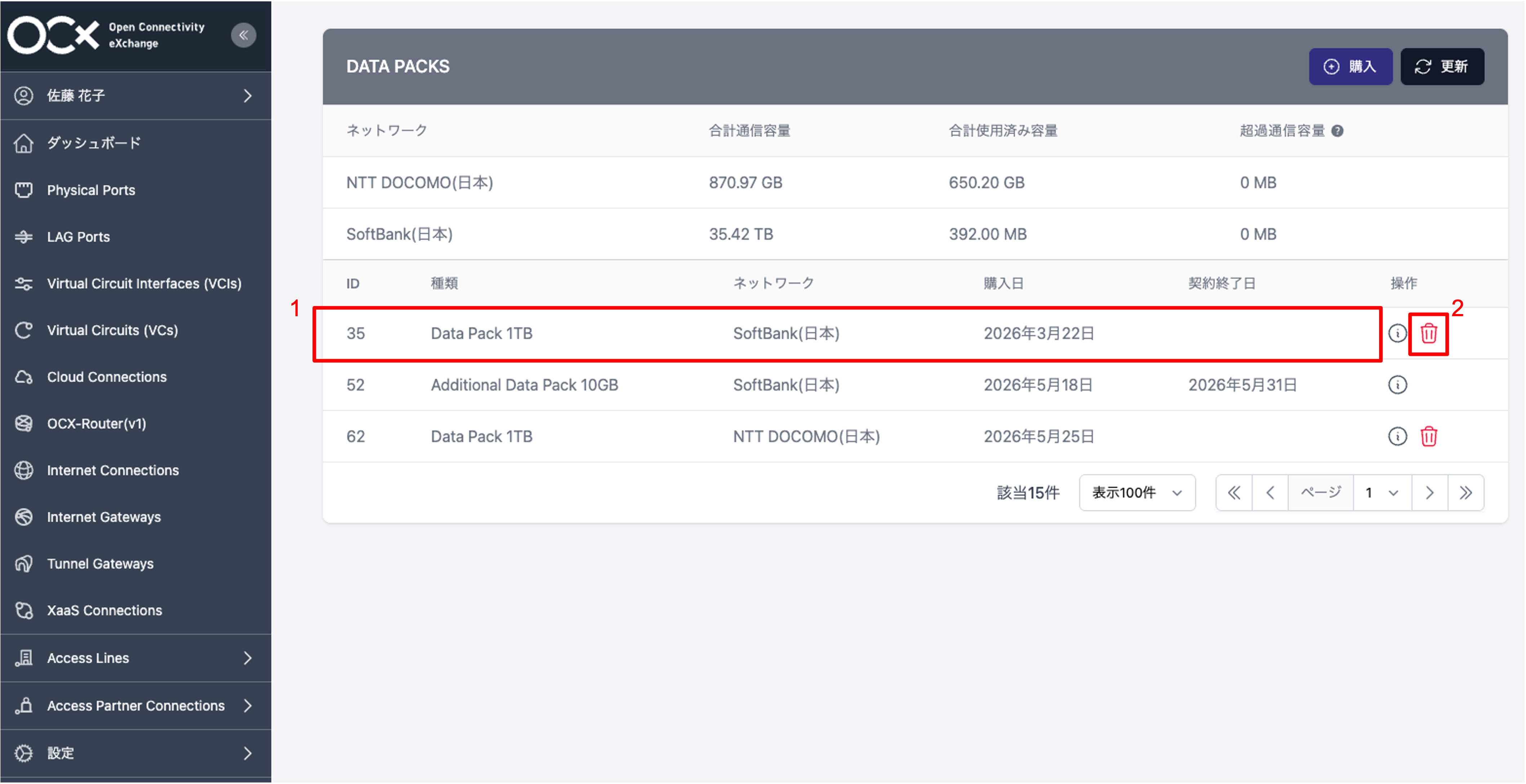 OCXポータル上のData Packs画面内がハイライトされ、1〜2の番号が振られている。Data Packリスト内の1行に「1」、Deleteアイコンに「2」と書かれている。
